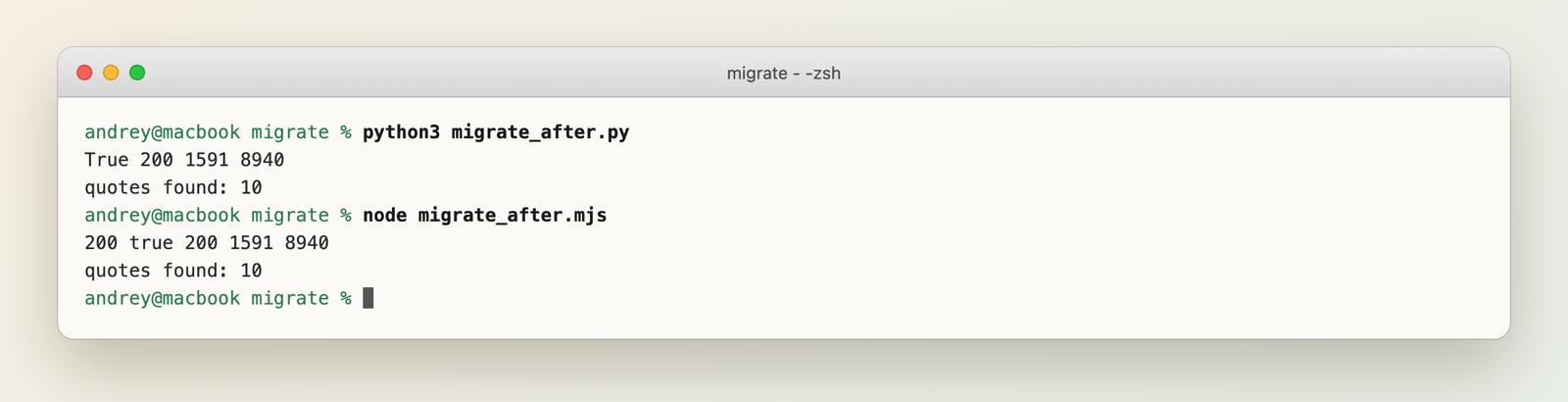 Terminal output of both WebCrawlerAPI scripts: status 200, Markdown 1591 characters, HTML 8940 characters, 10 quotes found