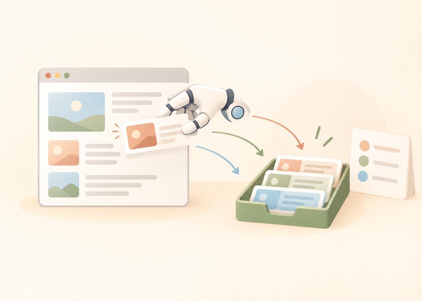 A browser window with abstract page blocks and a small robotic hand lifting one item out into a tray of tidy cards