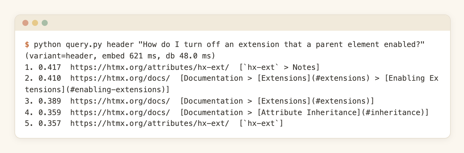 Query output: top 5 chunks with cosine score, source URL and heading path, the first one from the hx-ext page
