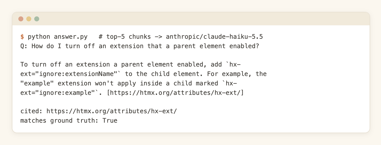 Answer output: the model answer with the cited source URL and a check that the citation matches the gold page