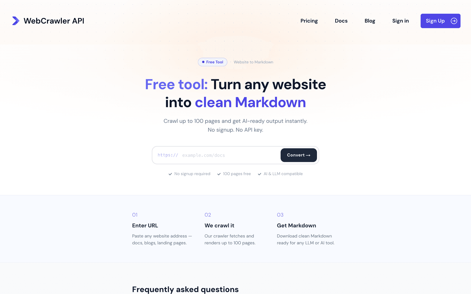 The free website to markdown tool page with a single URL field and a Convert button, marked no signup required and 100 pages free
