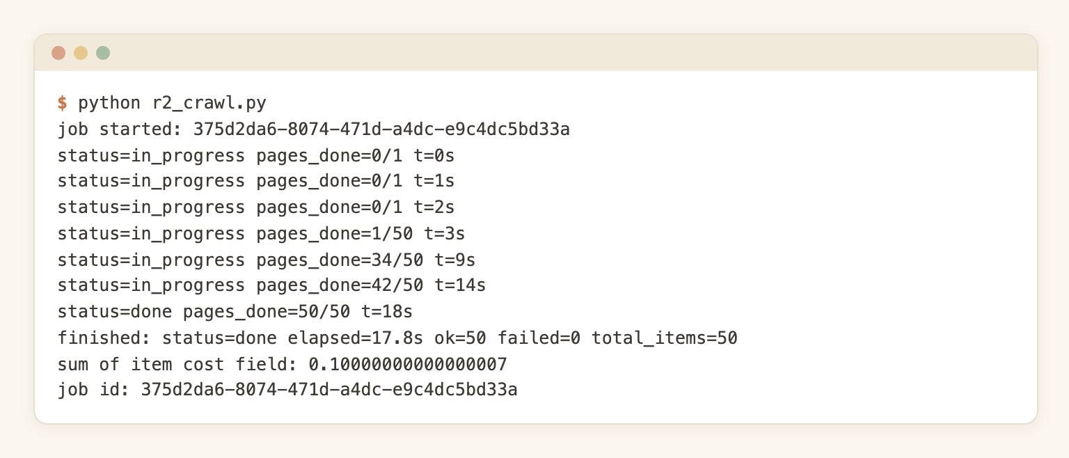 Terminal output of the crawl script: job id, polling lines, 50 pages done, 17.8 seconds