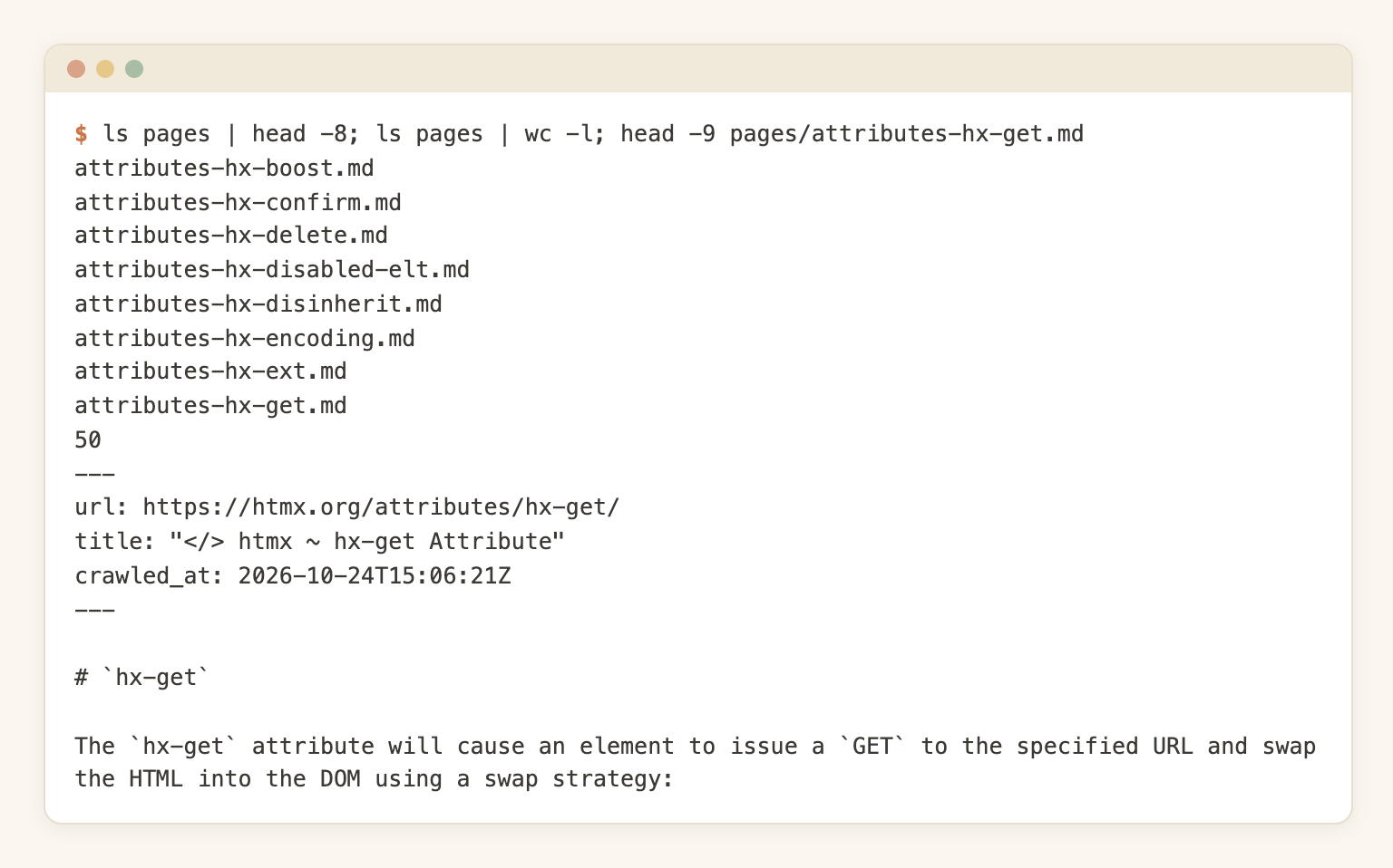Output folder with 50 markdown files and the front matter of one file with url, title and crawled_at