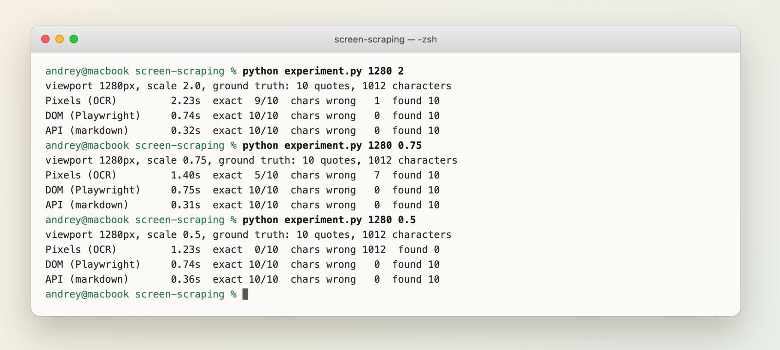 Terminal showing the three-way test at two screenshot scales and a third run at half scale