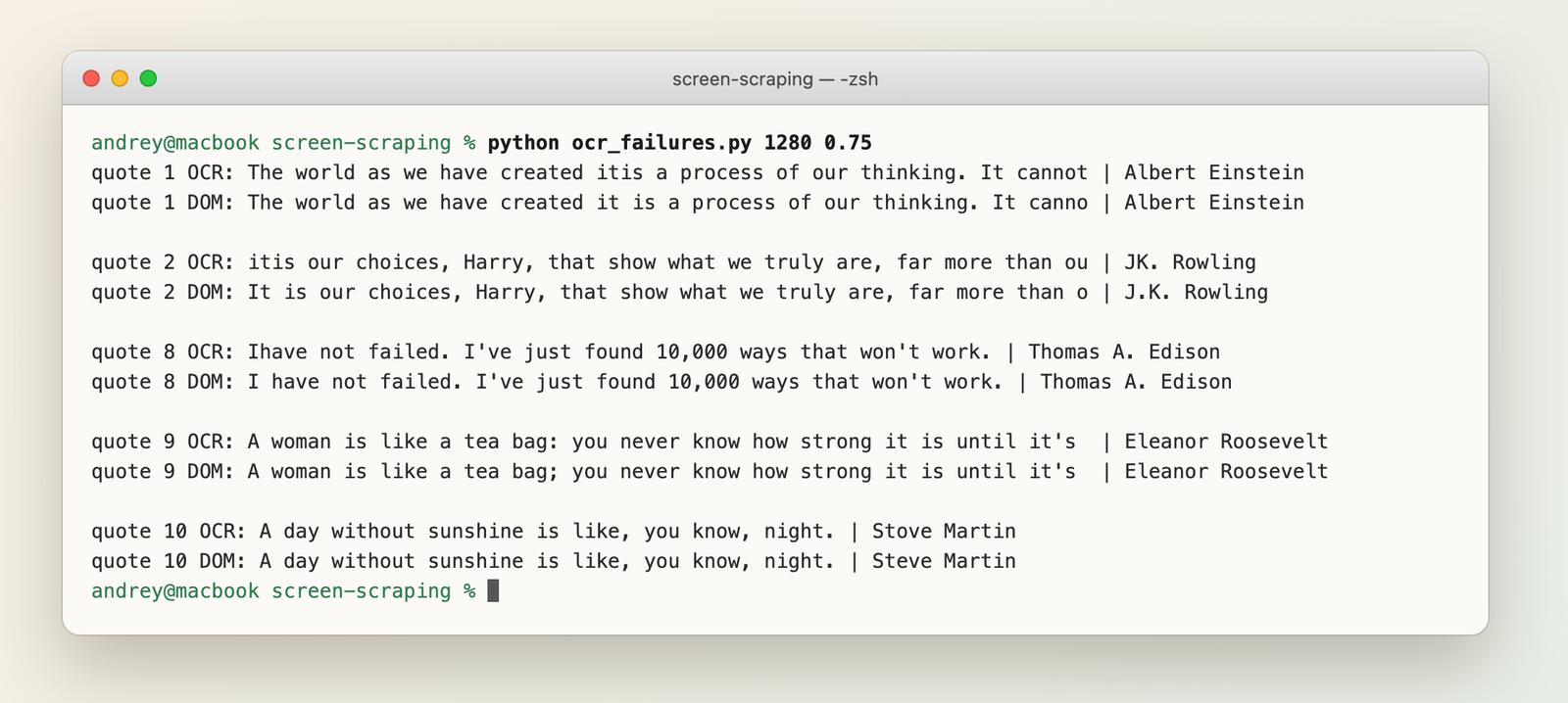 Terminal listing five quotes OCR got wrong at scale 0.75, such as "itis" for "It is" and "Stove Martin" for "Steve Martin"
